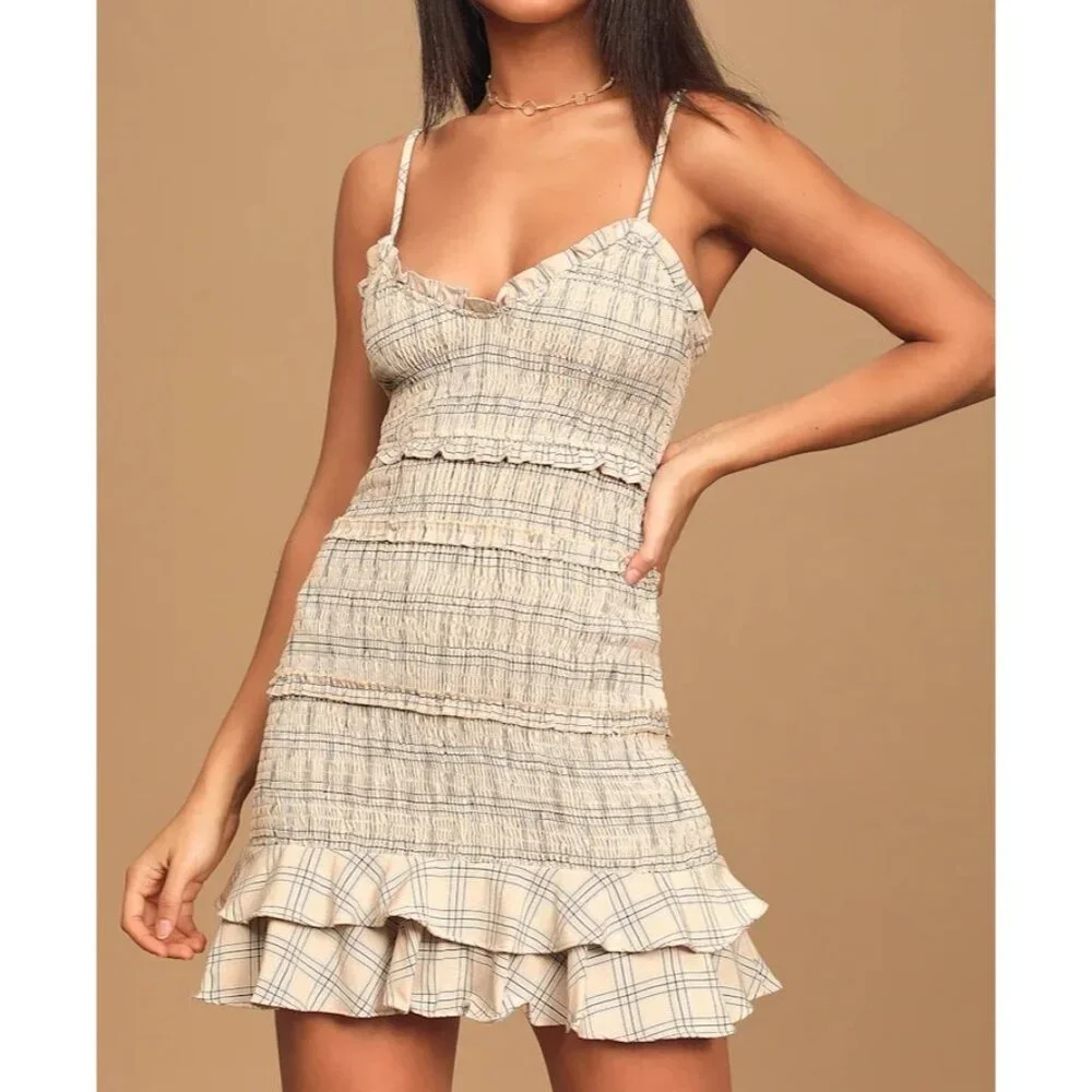 Lulus Out and About Blush Plaid Smocked Ruffled Mini Dress Size small - Picture 13 of 13